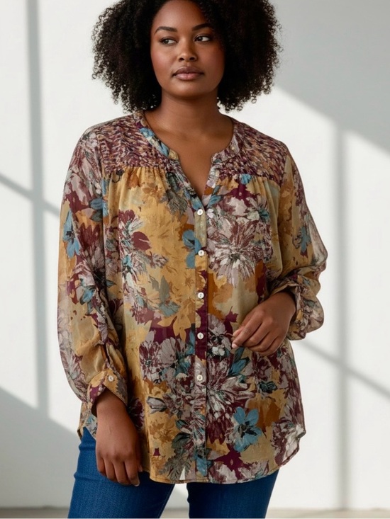 fig and flower Tops - fig and flower Floral Long Sleeve Button-Down Blouse with Gold Metallic Size 2X